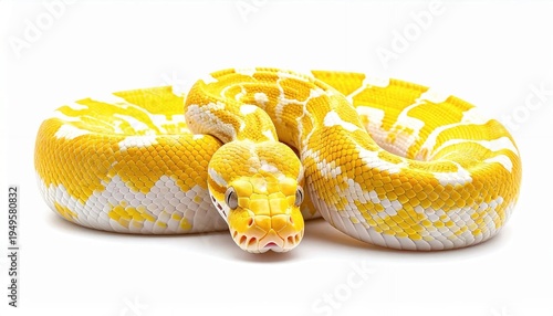 Albino Burmese Python Coiled on White Background.