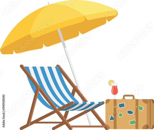Summer beach vacation concept with yellow umbrella, striped deck chair, travel suitcase, and tropical cocktail on white background, flat vector illustration