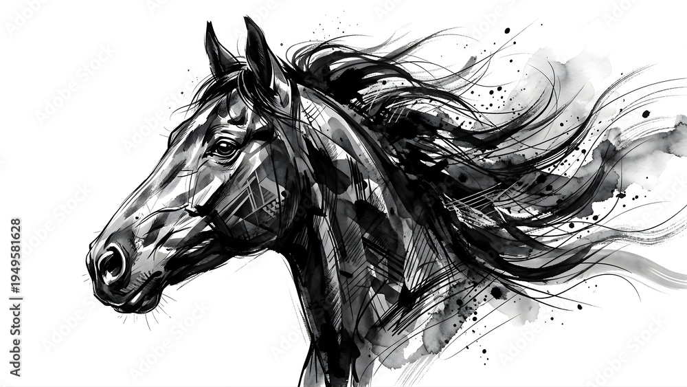 Fototapeta Expressive ink wash portrait of a horse head with artistic black splatters and fluid brush strokes