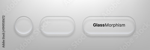 Abstract glass morphism interface with rounded button and circular element. Digital UI design element with frosted effect and soft shadow. Minimalist vector graphic for app development.