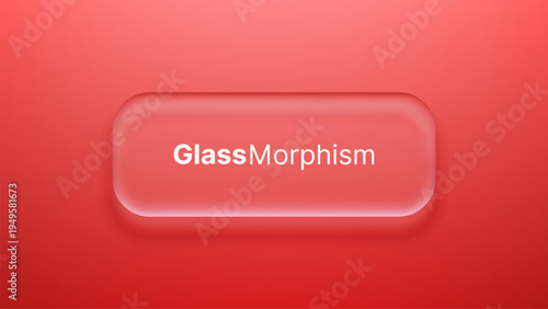 Red background with a frosted glass morphism button overlay. Floating translucent panel with soft blur effect for user interface design. Modern digital element for web application.