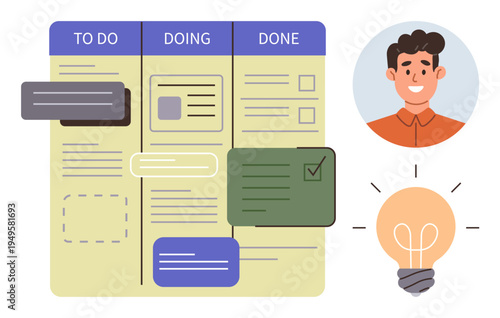 Productivity, task management, brainstorming, workflow, organization, creative planning. Visual elements include a task board, a smiling person and a lightbulb. Task management and workflow
