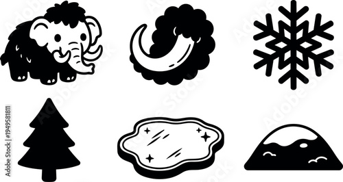 Simple black and white vector icons of mammoth fossil tusk snowflake pine tree ice patch and mountain silhouette collection