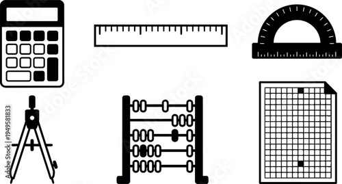 Black and white vector icons of calculator ruler protractor compass abacus and grid paper for education geometry mathematics tools set