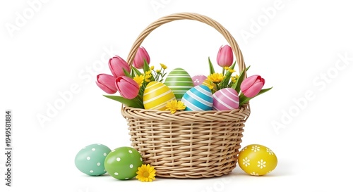 Wicker basket with colorful Easter eggs and pink tulips on white background colorful eggs yellow flowers