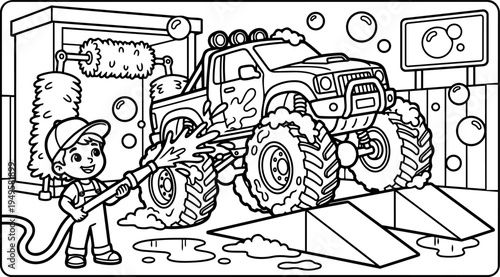 Black and white line art vector of smiling boy washing large monster truck with hose in indoor car wash station with soap bubbles