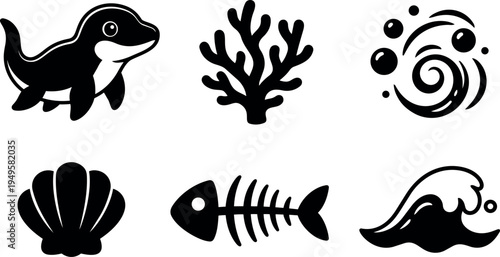 Black and white vector icons of baby whale coral swirl shell fishbone and ocean wave set simple marine design