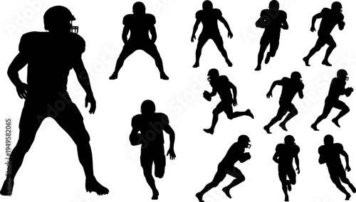 American football player silhouettes set, running tackling athlete poses, sport team game vector illustration isolated on white background