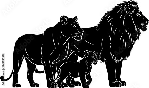 Lion family silhouettes set, male lion lioness cub wildlife animals vector illustration isolated on white background safari design