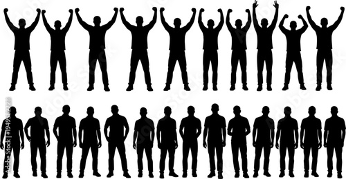 Men silhouettes collection, standing male figures with raised hands poses, human body posture vector set isolated on white