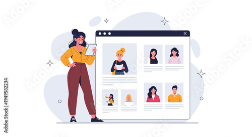 Woman reviewing candidate profiles on a digital screen, recruitment concept