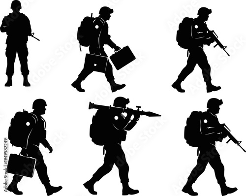 Military soldier silhouettes set, armed army troops walking combat poses, tactical weapon soldier vector illustration isolated on white