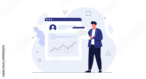 Man analyzing financial chart on screen, business growth concept, modern flat design