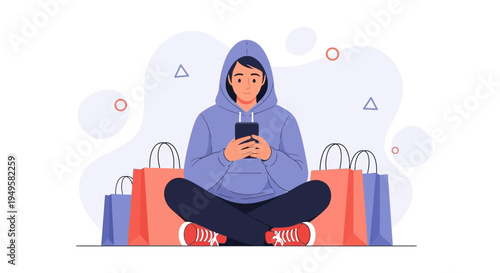 Young person with shopping bags using smartphone, online shopping concept