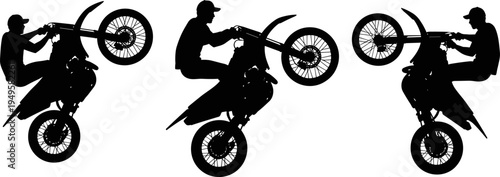 Motorcycle stunt rider silhouettes set, motocross bike wheelie tricks, extreme sport motorbike action vector illustration isolated on white
