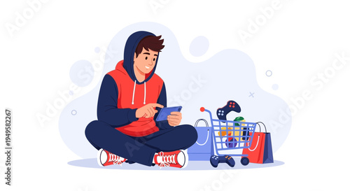 Teenager with tablet and shopping cart full of video games, online shopping concept