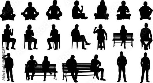 People sitting and meditating silhouettes set, men women relaxing poses bench chair vector illustration isolated on white background