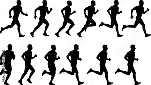 Running man silhouettes collection, male athlete jogging sprint poses, fitness sport runner vector illustration isolated on white background