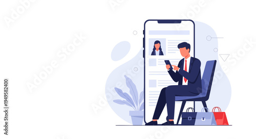 Man in suit using smartphone in front of large screen displaying job profiles