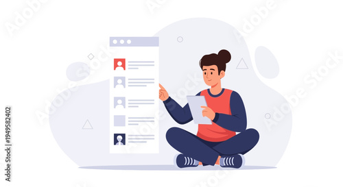 Young person sitting cross-legged, looking at a digital list on a tablet, with a profile list on screen.