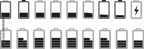 Battery level icons set, charging status indicators collection, low to full power energy symbols vector isolated