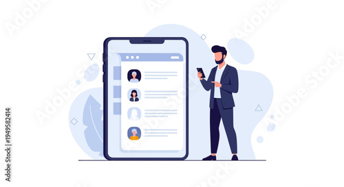 Man using smartphone with contact list on large screen, business concept illustration