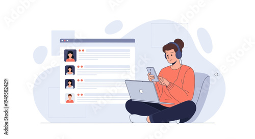 Person with headphones using laptop and phone, online profile list on screen