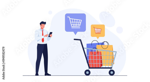 Man using smartphone for online shopping, with shopping cart and bags.
