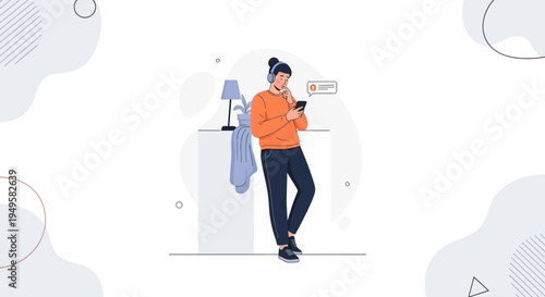 Young person with headphones using smartphone, leaning against a wall, modern illustration