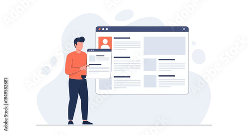 Man interacting with a digital interface, website design, user experience concept