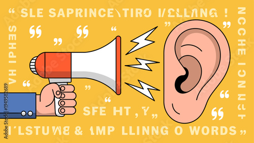 A brightly colored illustration depicts a hand holding a red megaphone towards a large human ear with sound waves emanating high quality professional detailed modern elegant