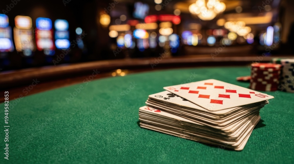 Fototapeta premium Stack of playing cards on a green felt table Blurred casino lights and poker chips provide a dynamic background