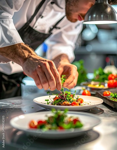 Professional chef meticulously garnishing gourmet dishes in a bustling restaurant kitchen, showcasing culinary artistry and precision.