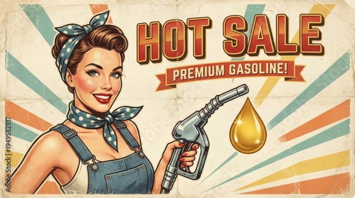 Classic pin up style woman in a headscarf holds a fuel nozzle and oil drop advertising 'Hot Sale Premium Gasoline '
