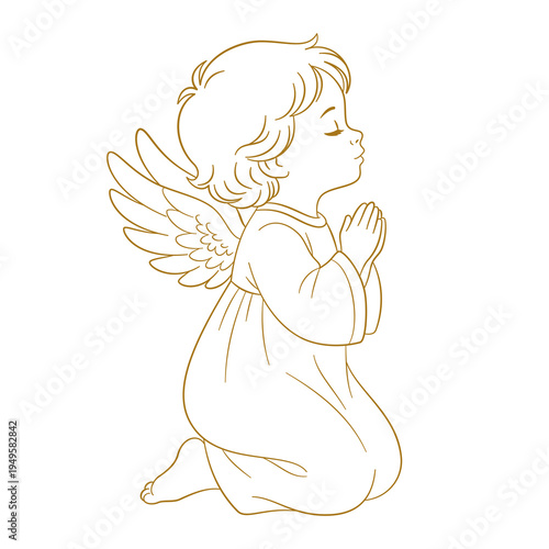 Klęczący aniołek w modlitwie. Małe dziecko-anioł ze skrzydłami, klęczące ze złożonymi dłońmi i zamkniętymi oczami w skupieniu modlitwy. Grafika na zaproszenia komunijne, chrzciny, kartki religijne