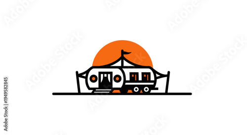 Cartoon trailer icon with orange sunset