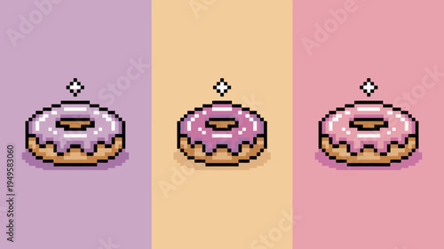 Three pixel art donuts with pink and purple icing are displayed against a pastel colored vertically striped background high quality professional detailed modern elegant stylish clean