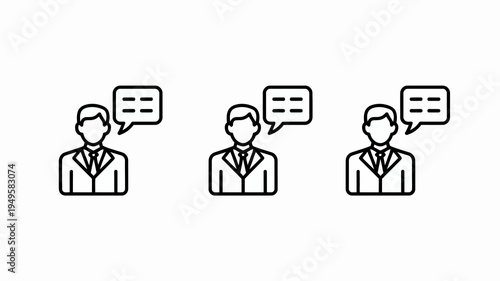 A minimalist line drawing depicts three business people each with a speech bubble suggesting communication or a conversation high quality professional detailed modern elegant stylish clean
