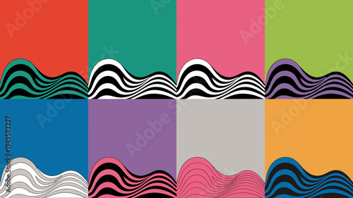 A vibrant abstract composition features a grid of colored squares each containing wavy striped patterns in contrasting shades high quality professional detailed modern elegant stylish clean