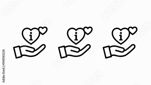 Three line art illustrations depict open hands cradling heart shaped icons each containing a lowercase i symbol within high quality professional detailed modern elegant stylish clean