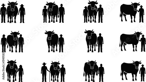 Cow and farmer silhouettes collection, cattle livestock with people, farm animal vector set, agriculture ranch illustration isolated