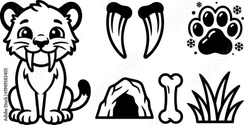 Cute smiling sabertooth tiger cub sitting with sharp teeth set claws paw print cave bone and grass elements black outline design