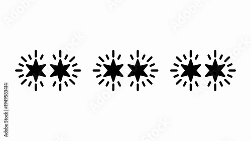 A simple graphic displays five black starbursts in a horizontal row against a clean white background signifying ratings or achievements high quality professional detailed modern elegant