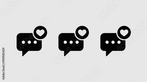 Three black speech bubbles are displayed in a row each containing ellipsis and topped with a prominent heart icon high quality professional detailed modern elegant stylish