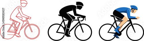Cyclist riding road bicycle set, cycling sport silhouettes, professional bike rider vector illustration, racing cyclist icons isolated on white background