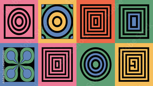 A colorful grid displays nine square panels each featuring distinct geometric patterns and vibrant color schemes high quality professional detailed modern elegant stylish clean crisp digital