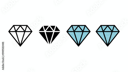 Four diamond illustrations are displayed in a row varying in color and fill black outline solid black light blue and dark blue high quality professional detailed