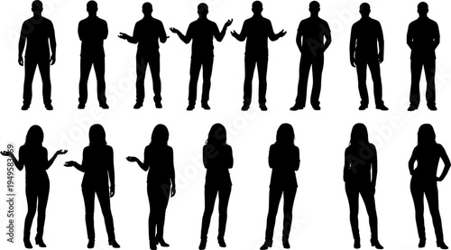 Men and women standing silhouettes set, human body poses collection, male female figures vector illustration isolated