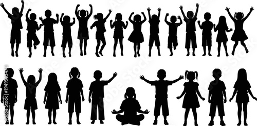 Kids silhouettes collection, children jumping playing poses, happy boys and girls activities, childhood vector characters isolated on white