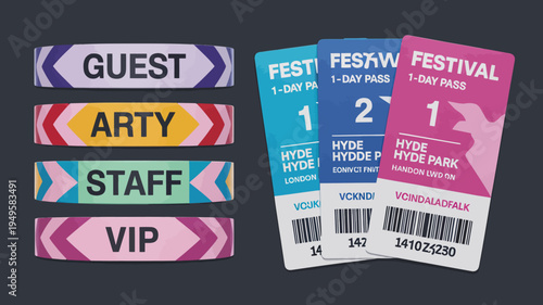 A collection of colorful wristbands and festival passes are displayed indicating different levels of access for an event high quality professional detailed modern elegant stylish clean